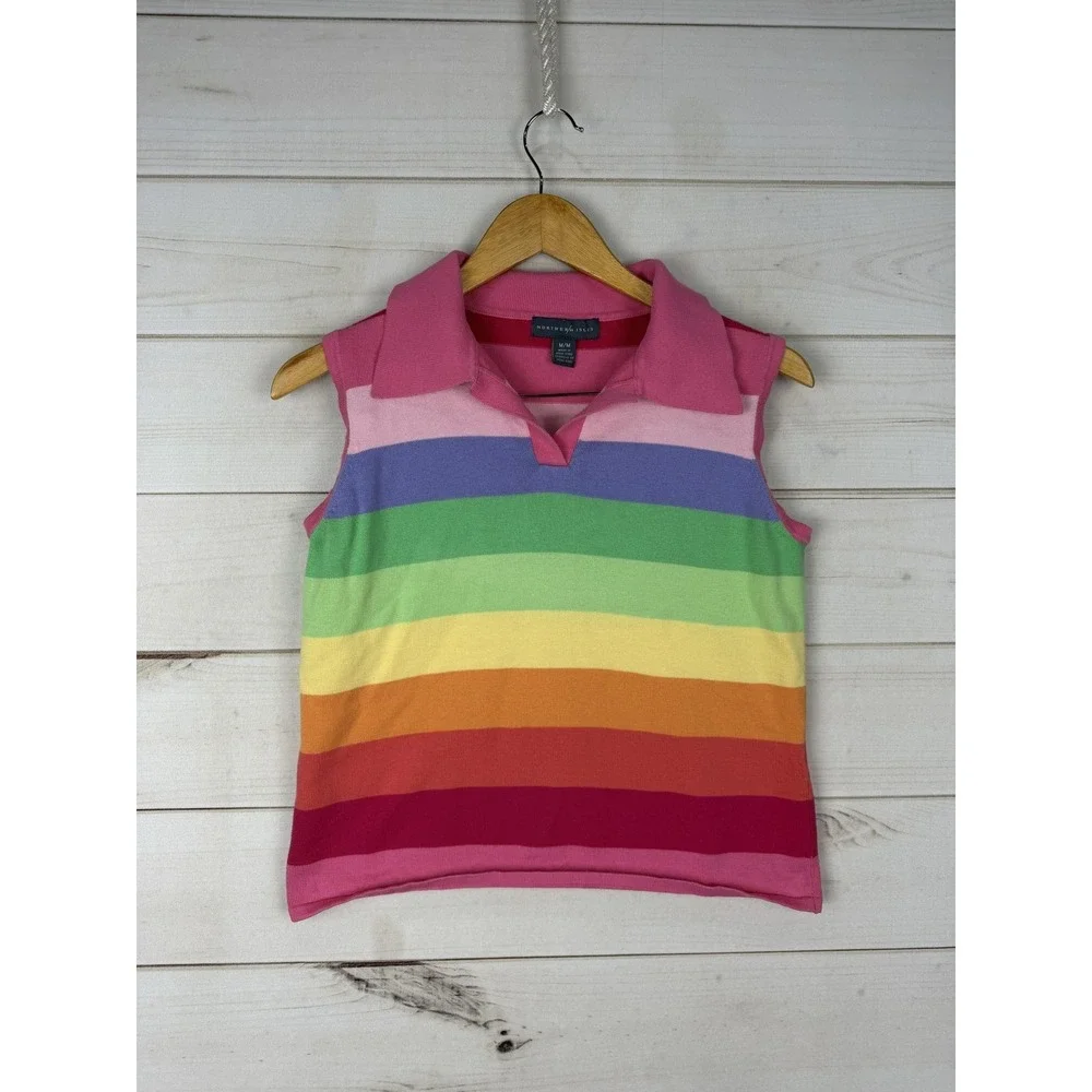 Vintage Northern Isles Shirt Womens Medium Rainbow Stripe Sleeveless Polo 90s - Picture 1 of 7